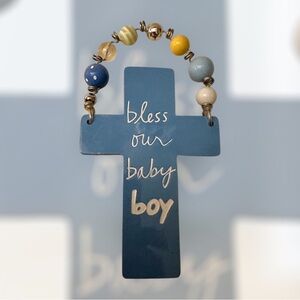 Newborn Boy Cross Plaque "Bless this Baby Boy" by Sandra Magsamen 8x5